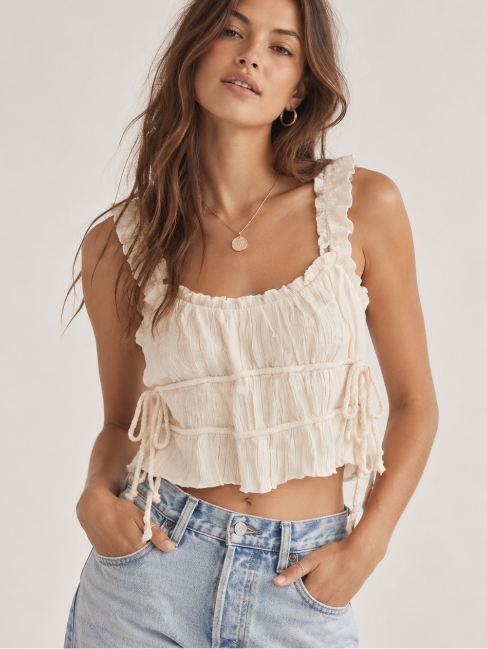 Kirious Textured Cream Tie-Detail Ruffle Strap Tank Top NWT